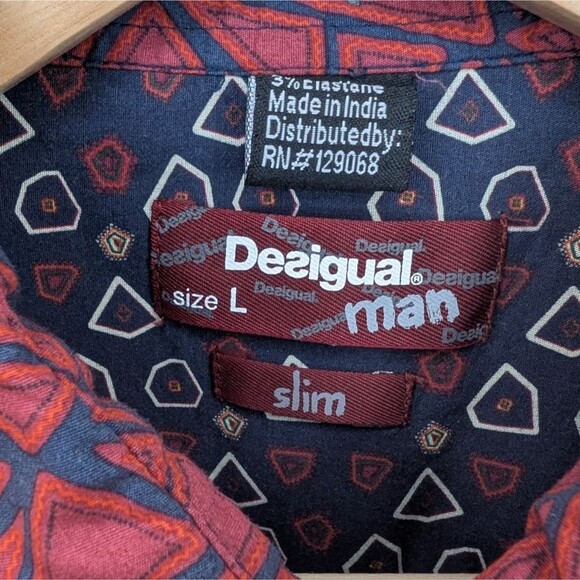 Desigual Man Triangle Print Long Sleeve Shirt Large Slim - Picture 3 of 11